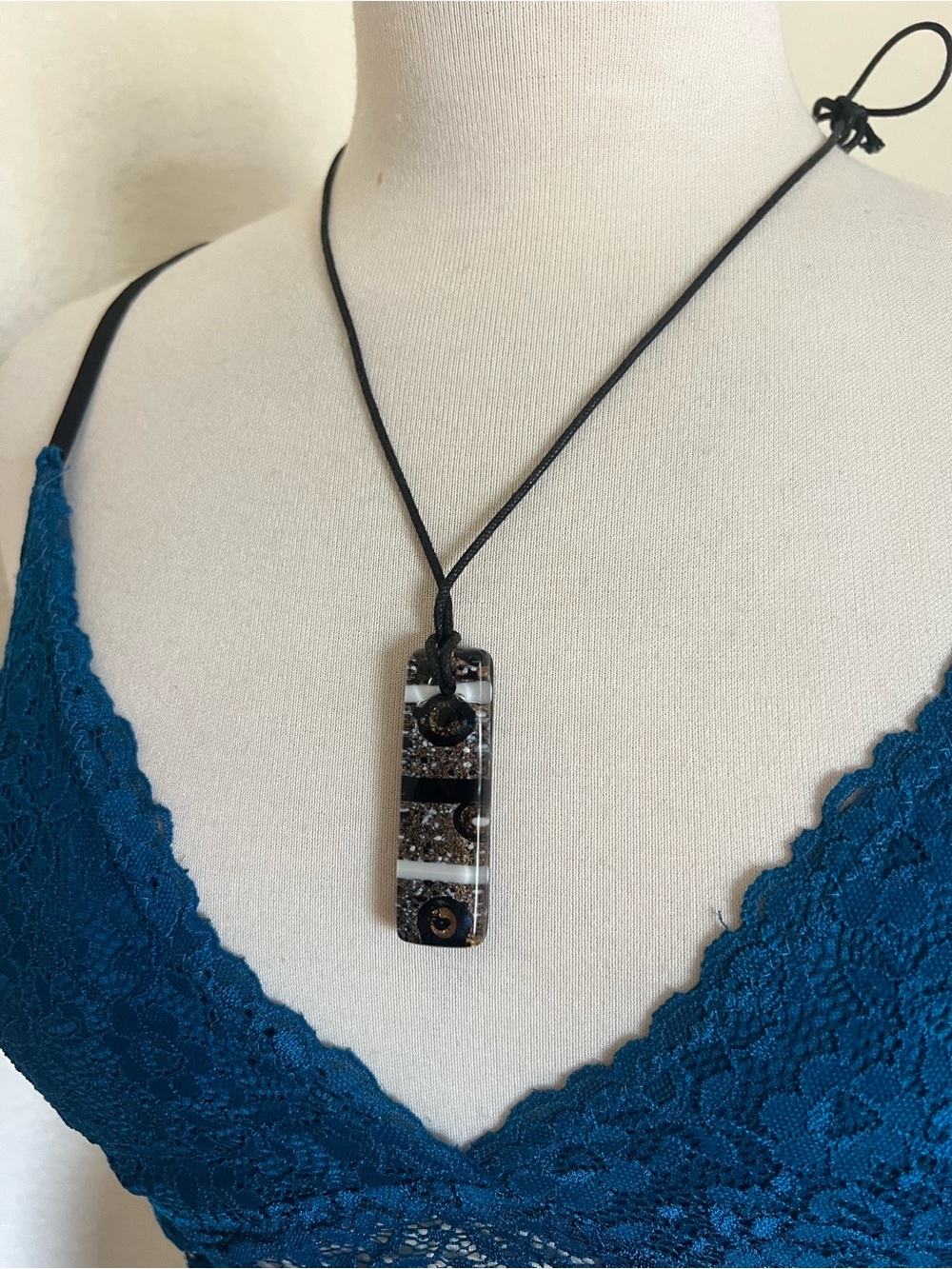 Black Glass Rectangle Pendant Necklace on Adjustable Cord